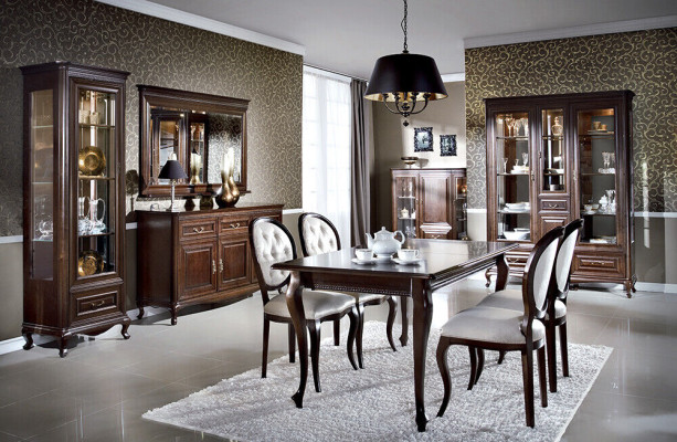 Tavolo da pranzo in legno color marrone scuro - set da 5 pezzi con sedie Chesterfield classiche in pelle.