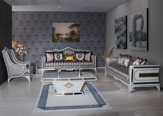 Designer Moderno Divano di lusso a 3 posti Mobili in legno Tessuto imbottito Grigio Nuovo