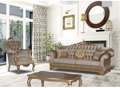 Poltrona classica con decorazione beige e design Chesterfield per il soggiorno.