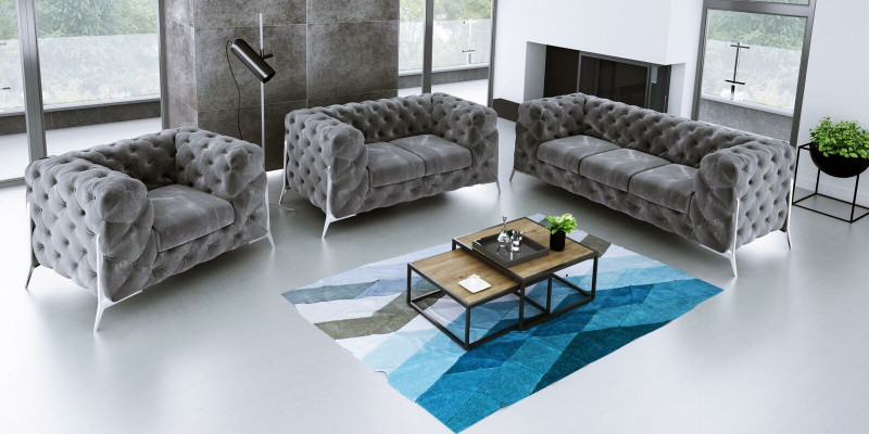 Designer Chesterfield Divano Set Divano Pouf Set 3 Posti Velluto Set