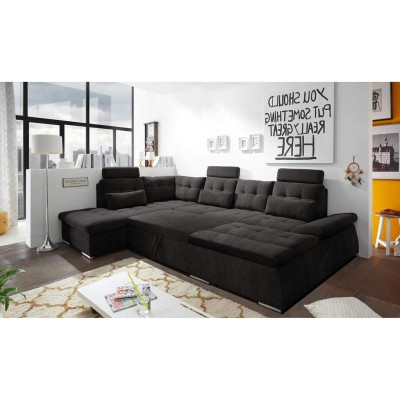 Divano ad angolo a forma di U, design moderno con rivestimento in tessuto, con vano contenitore e funzione letto.