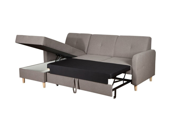 Divano angolare a L a forma di L, design moderno in tessuto grigio con funzione letto.