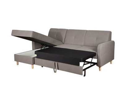 Divano angolare a L a forma di L, design moderno in tessuto grigio con funzione letto.