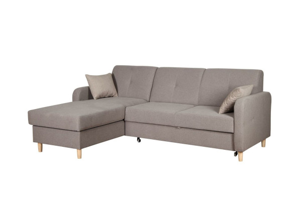Divano angolare a L a forma di L, design moderno in tessuto grigio con funzione letto.