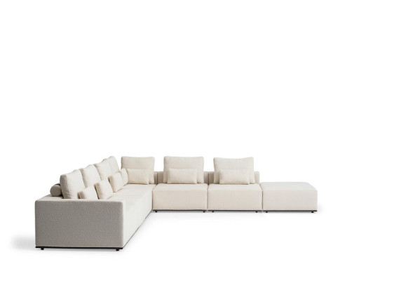 Soggiorno bianco in stile moderno a L con divano imbottito da designer.