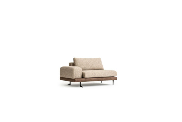 Grande divano beige imbottito a sei posti, set di sedute di design in tessuto.