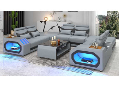 Design divano ad angolo U grande divano XXL in pelle rossa con LED.