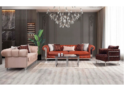 Chesterfield Set Divano a tre posti marrone componibile Divano imbottito