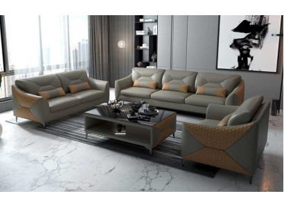 Set di divani Set di divani Set di divani 3 posti Divano in pelle Grigio  Set di divani Set di divani Set di divani 3 posti Divano in pelle Grigio