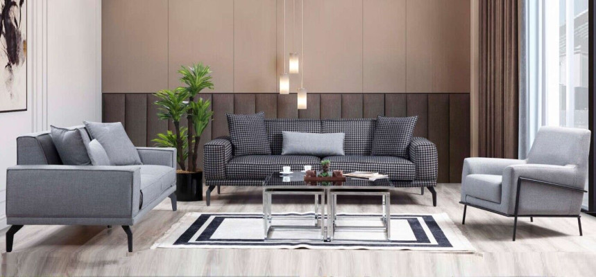 Set di divani grigi, set completo di divani, divano imbottito, divano in tessuto.