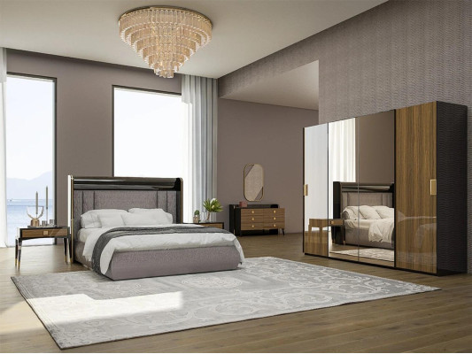Set di lusso 6 pezzi Camera da letto matrimoniale Comò con specchio 2 comodini  Set di lusso da 6 pezzi per camera da letto matrimoniale, con comò con specchio e 2 comodini.