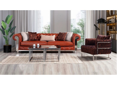 Chesterfield Set di divani in similpelle marrone a tre posti, set di divani, divani.