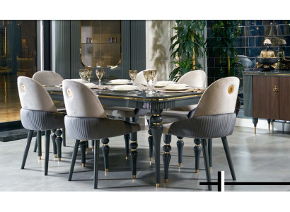 Set da pranzo con sedie in velluto e tessuto Lehn, 6 sedie, gruppo, set da tavolo in legno autentico.