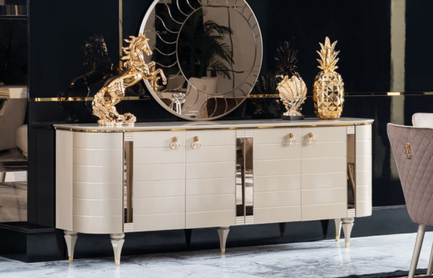Sala da pranzo completa, credenza, tavolo, 6 sedie, specchio, set di mobili nuovo.