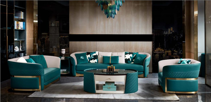 Tavolino da salotto in legno e pelle turchese ovale, design moderno, arredamento di lusso per il soggiorno, 140x83.