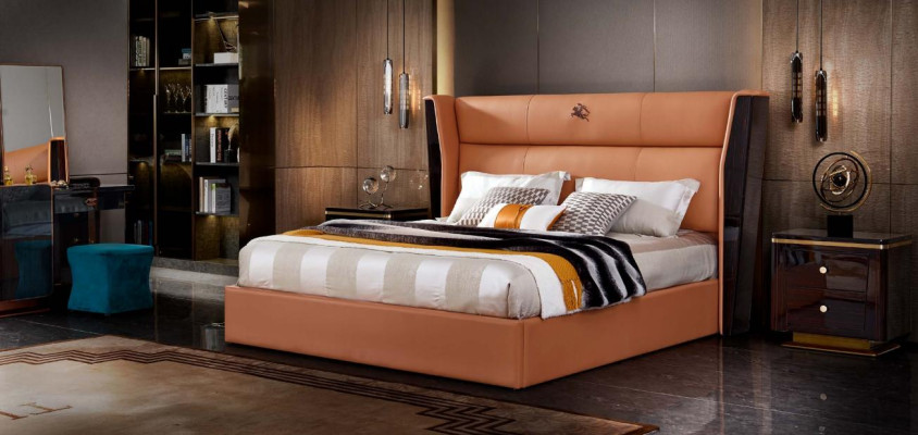 Letto in pelle, set di mobili da camera da letto, design gruppo 3 pezzi. Set di 2 comodini.