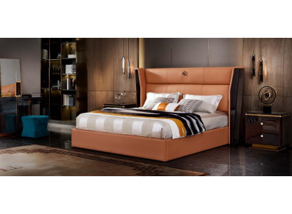 Letto in pelle, set di mobili da camera da letto, design gruppo 3 pezzi. Set di 2 comodini.