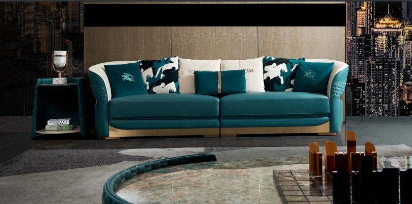 Tavolino da salotto in legno e pelle turchese ovale, design moderno, arredamento di lusso per il soggiorno, 140x83.
