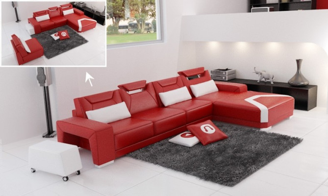 Divano angolare design con pouf, divano a L con cuscini imbottiti.