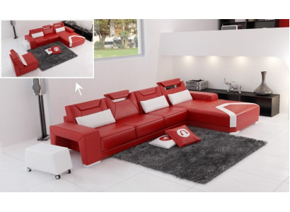 Divano angolare design con pouf, divano a L con cuscini imbottiti.