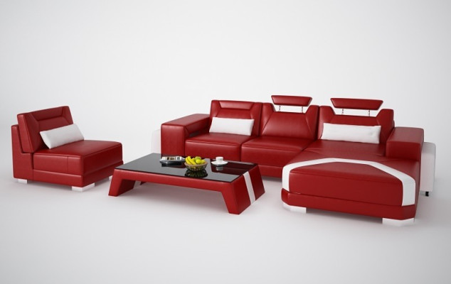 Divano angolare design con pouf, divano a L con cuscini imbottiti.