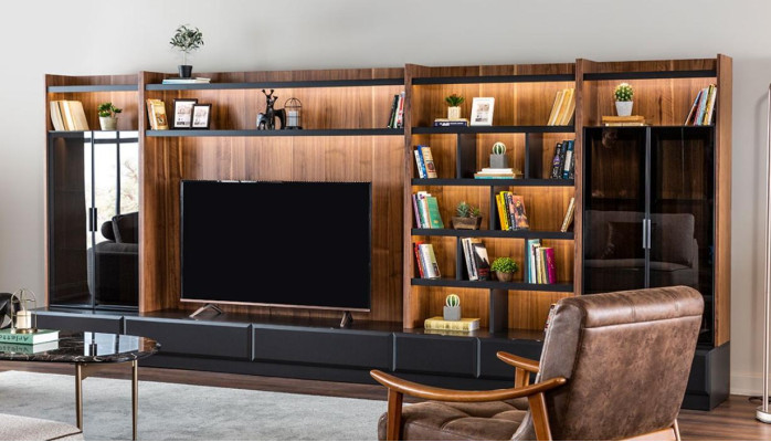 Wohnwand mobili per TV Pareti attrezzate Sala da pranzo Vetrina Moderno Legno Marrone