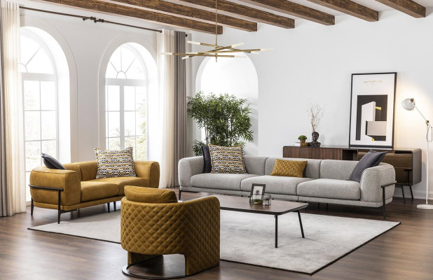 Sofà in similpelle 3 posti moderno giallo set poltrona