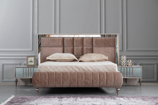 Set da camera da letto di lusso esclusivo con comodino marrone pregiato.