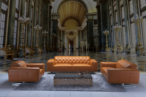 Set di divani Chesterfield in pelle marrone. Nuovo divano classico.