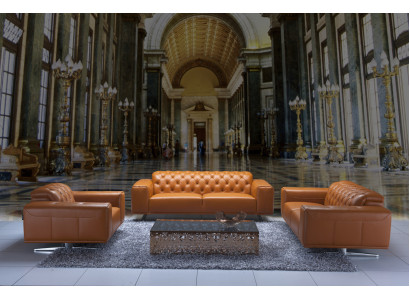 Set di divani Chesterfield in pelle marrone. Nuovo divano classico.