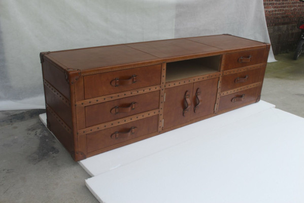 Comò d'epoca Sideboard in pelle TV Lowboard Baule Stile Old Look Tavolino Koffer Tisch