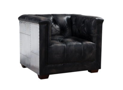 Poltrona nera in vera pelle, poltrona in pelle design aereo, poltrona con braccioli da aviatore.