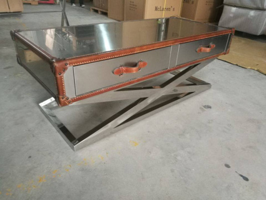 Tavolino vintage da salotto in alluminio, tavolo da caffè effetto aereo.