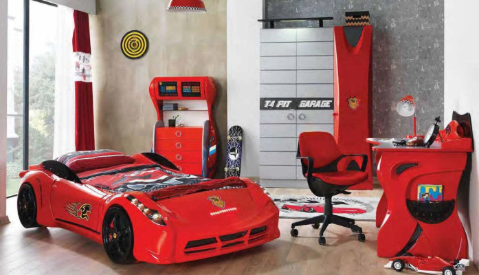 Camera da letto per bambini Set auto Letto Armadio Cassettiera Scrivania Mobili da ragazzi 4 pezzi