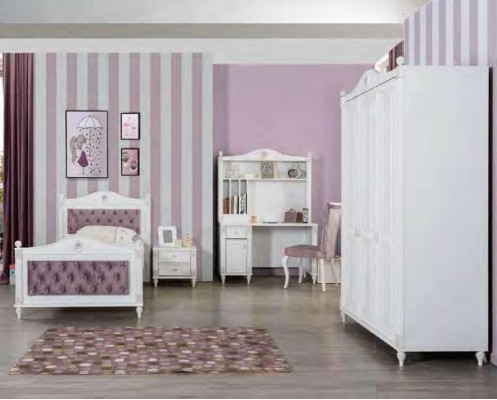 Camera per ragazzi, letto, comodino, armadio, scrivania, set completo di 4 pezzi per la camera da letto.