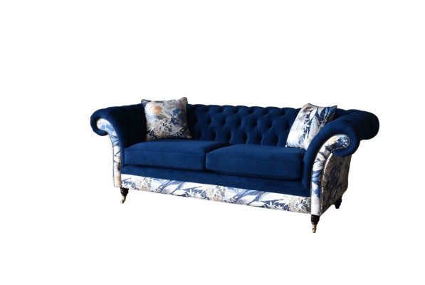 Chesterfield divano in velluto blu reale imbottito, seduta lounge divani.