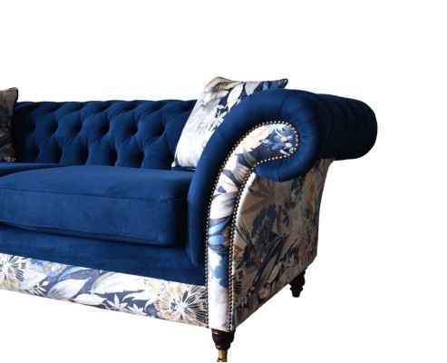 Chesterfield divano in velluto blu reale imbottito, seduta lounge divani.