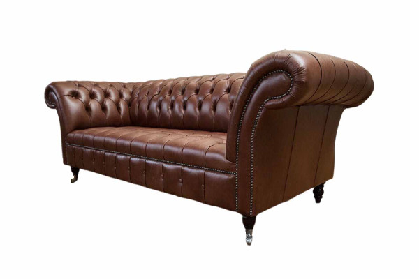 Divano Chesterfield vintage a tre posti, grande xxl marrone in tessuto pelle.