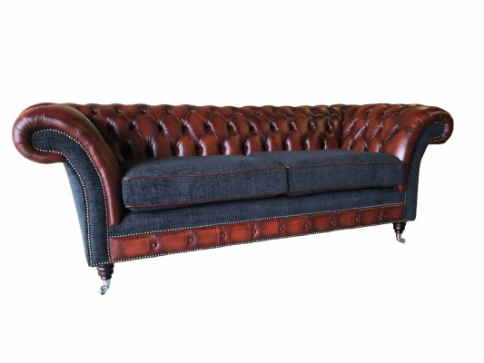 Sofà moderno 3 posti color marrone in stile Chesterfield per soggiorno, in pelle e tessuto, nuovo.