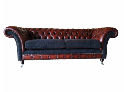 Sofà moderno 3 posti color marrone in stile Chesterfield per soggiorno, in pelle e tessuto, nuovo.