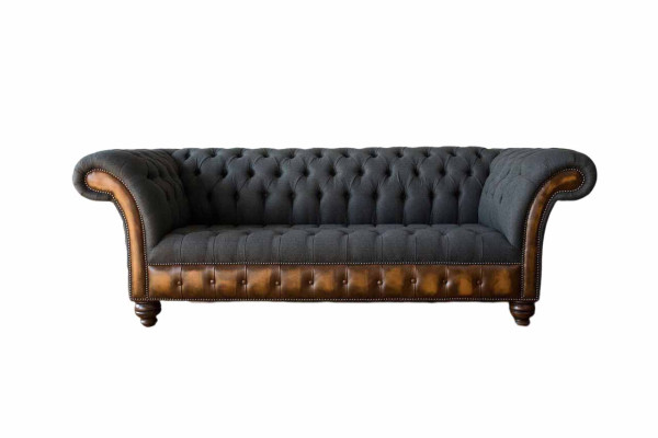 Design Divano Nero 3 Posti Chesterfield in Tessuto - Nuovo Sofà Imbottito