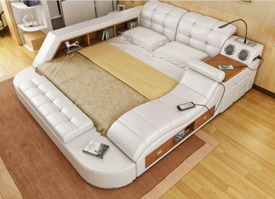 Letto matrimoniale con scaffali in pelle imbottiti Letti multifunzione con nuova funzione di massaggio.