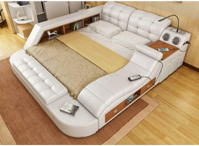 Letto matrimoniale con scaffali in pelle imbottiti Letti multifunzione con nuova funzione di massaggio.