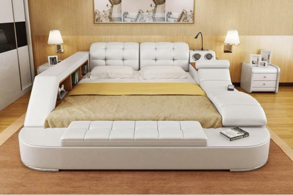 Letto matrimoniale con scaffali in pelle imbottiti Letti multifunzione con nuova funzione di massaggio.