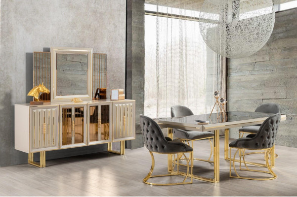 Set da pranzo di lusso, angolo cottura, mobili da sala da pranzo, tavolo da pranzo, sedie, set 9 pezzi beige