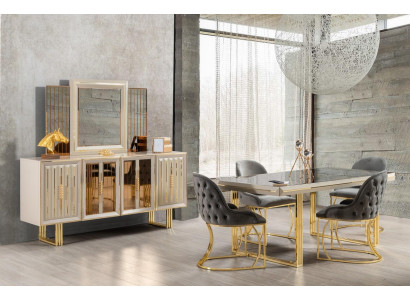 Set da pranzo di lusso, angolo cottura, mobili da sala da pranzo, tavolo da pranzo, sedie, set 9 pezzi beige