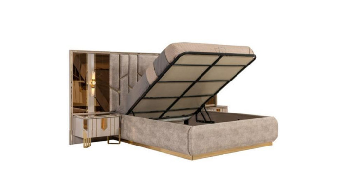 Composizione camera da letto matrimoniale beige 4 pezzi: letto matrimoniale, comodini, armadio