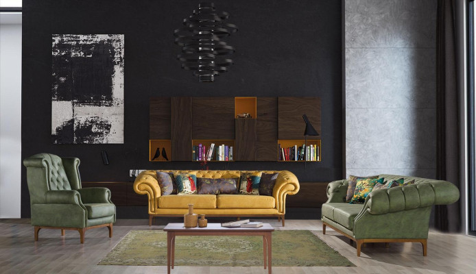 Verde-Giallo divano imbottito Designer a tre posti Set di lussuose poltrone 3+3+1.