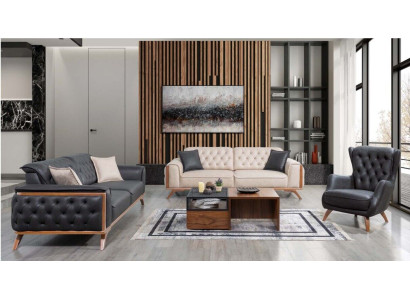 Set da soggiorno elegante nero-beige composto da divano 3 posti + 3 posti + poltrona 1 posto, 3 pezzi.