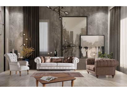 Sofà Chesterfield bianco-marrone set da soggiorno design lussuoso con divani 3+2+1